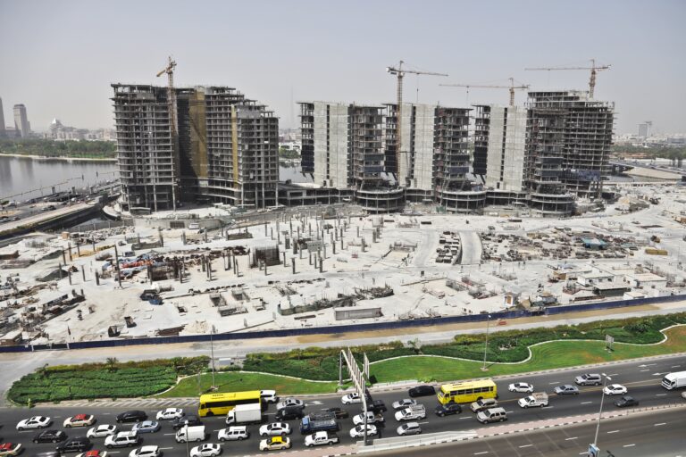 distant shot urban area with cars street high buildings